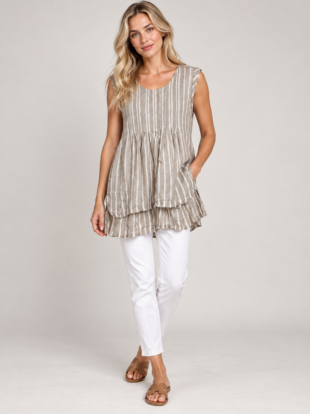 Lands' End Linen Tunic Tan White Stripe Sleeveless Ruffle Hem 4 #A4853